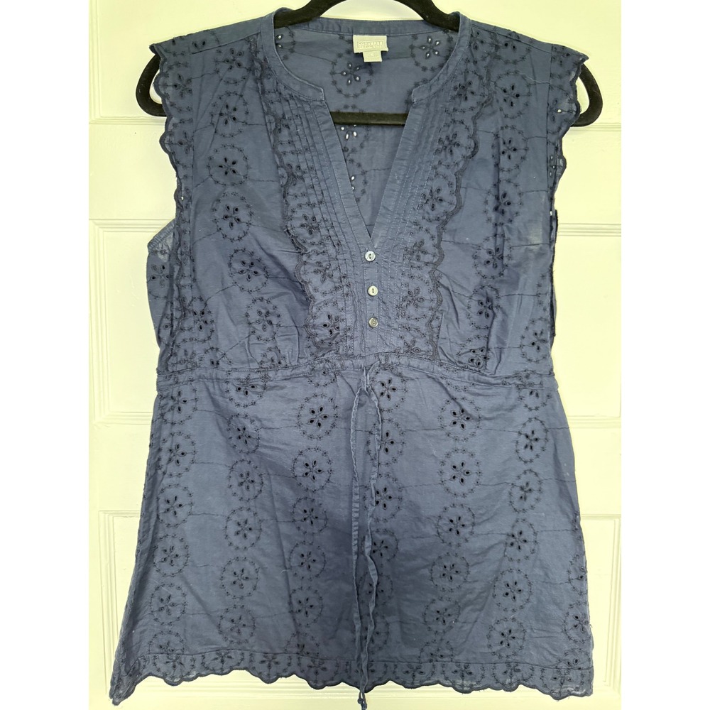 Converse One Star Navy Blue Eyelet Cotton Sleeveless Embroidered Blouse Small